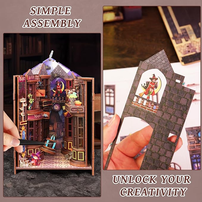 Book Nook Kits for Adults, Magic Alley DIY Book Nook Kit, 3D booknook Craft Kits Bookshelf Insert with Sensor LED Light, Creative Craft Gift for Adults & Teens