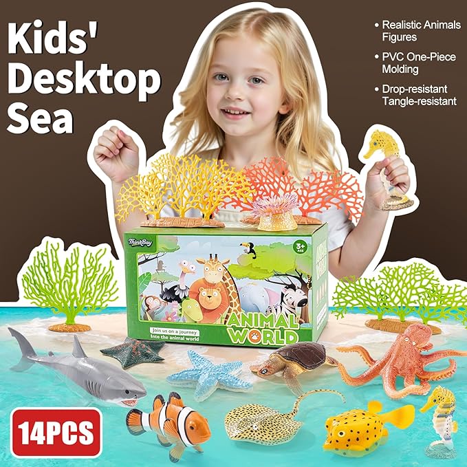 14PCS Large Ocean Sea Animal Toys with Corals for Kids, Realistic Soft Plastic Shark,Octopus,Starfish,Sea Turtle for Toddler Boy Girl, Under The Sea Party Favors, Birthday Gifts