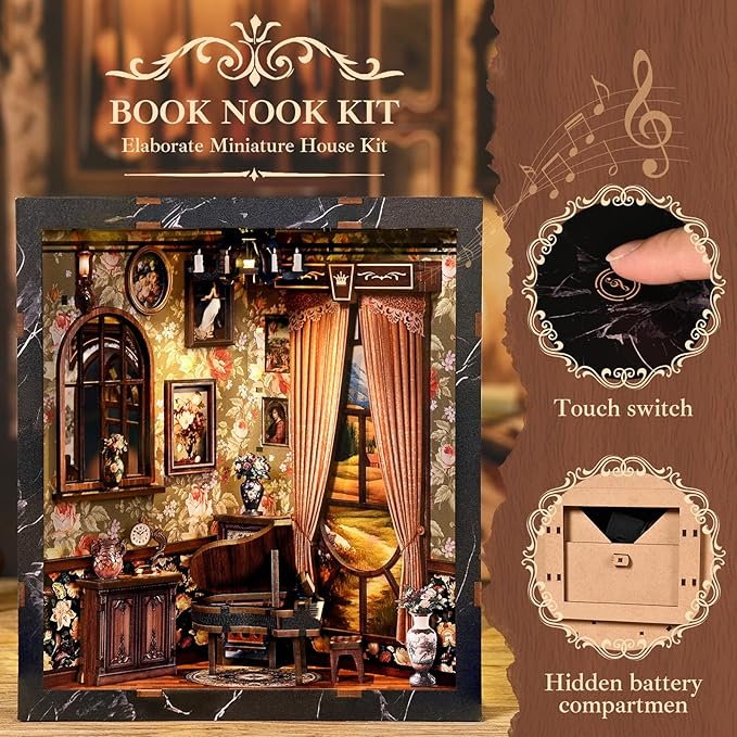 Book Nooks for Adults, DIY Miniature Dollhouse Book Nook Kit with Led Light Classical Music Room Crafts for Adults with Led Light Book Nook Kits Gifts for Family and Friends
