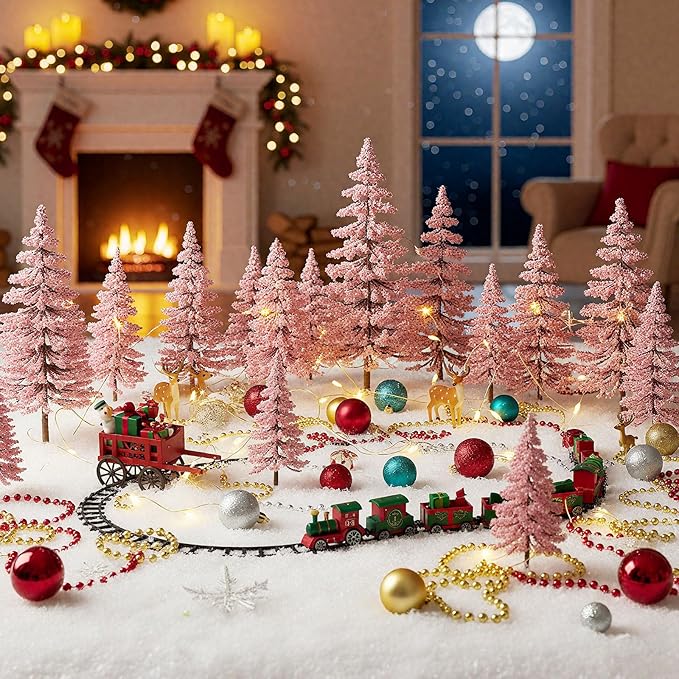 Skylety 35 Pieces Model Trees 1.2-6.3 Inch Mixed Miniature Trees Diorama Supplies Fake Plants Train Scenery Landscape Christmas Village Architecture DIY Crafts(Pink,Cedar)