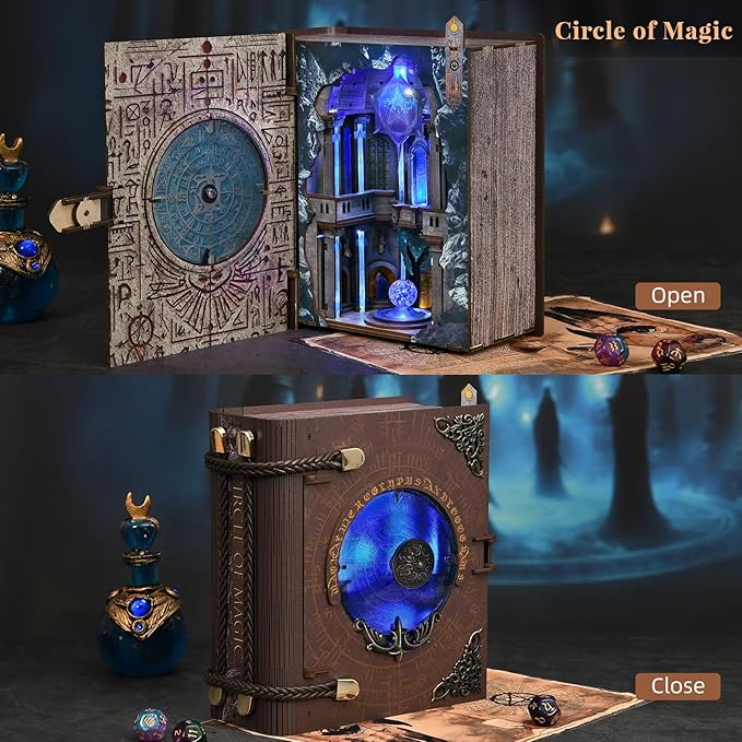Book Nook Kit, DIY Miniature Dollhouse Magic Booknook Kit, 3D Wooden Puzzle Bookend Bookshelf with LED Light for Adults Teens (Circle of Magic)