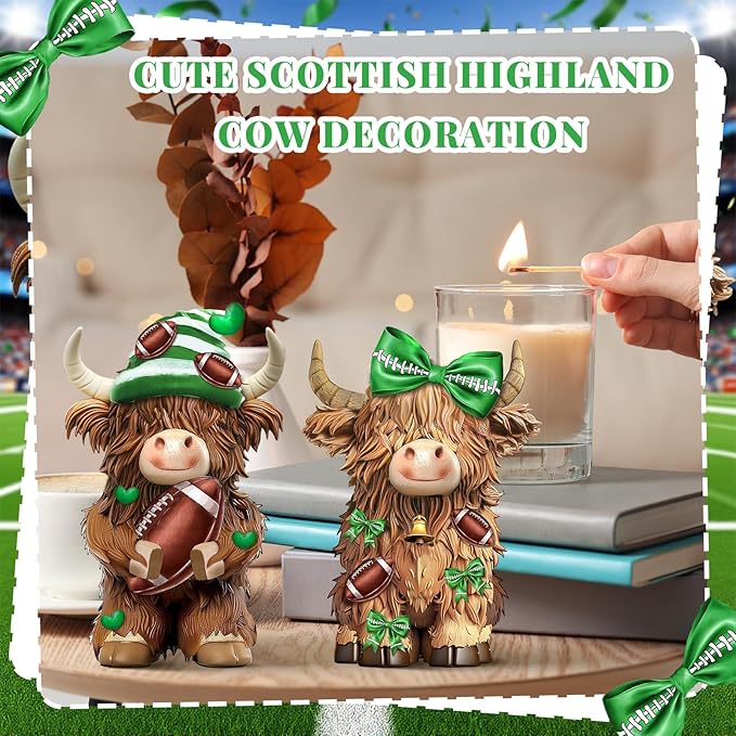 Burbell 2 Pack Football Highland Cow Resin Figurine Decor Bathroom Highland Cow Gnomes with Football Scarf Resin Statue for Garden Table Shelf Home Decor Calf Gnome Herd Gifts