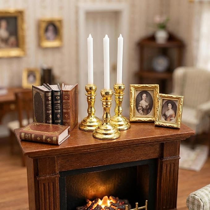 3PCS Vintage Miniature Candlesticks Set 1:12 Scale Metal Base Candle Holder for Miniature Room DIY Miniature Scene, or Desktop Display (Golden)