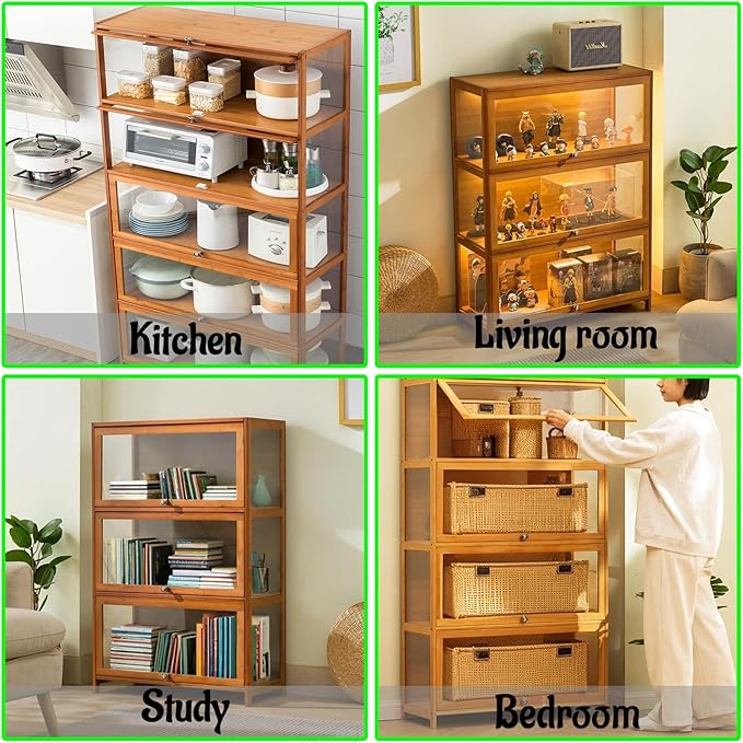 Curio Display Cabinet with Acrylic Doors for Collectibles Small Curio Cabinet 4 Tier 3 Tier Figures Display Case Toys Display Shelves Vitrina Storage Cabinet,Brown,3 Tier_Flip Up Door