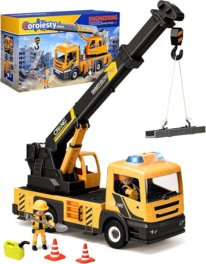 Large Crane Truck Toy with Extendable Crane Arm, Lights & Siren Sounds, Assemble Truck Engineering Vehicle Toy for Boys Girls 3+, Christmas Birthday Gift
