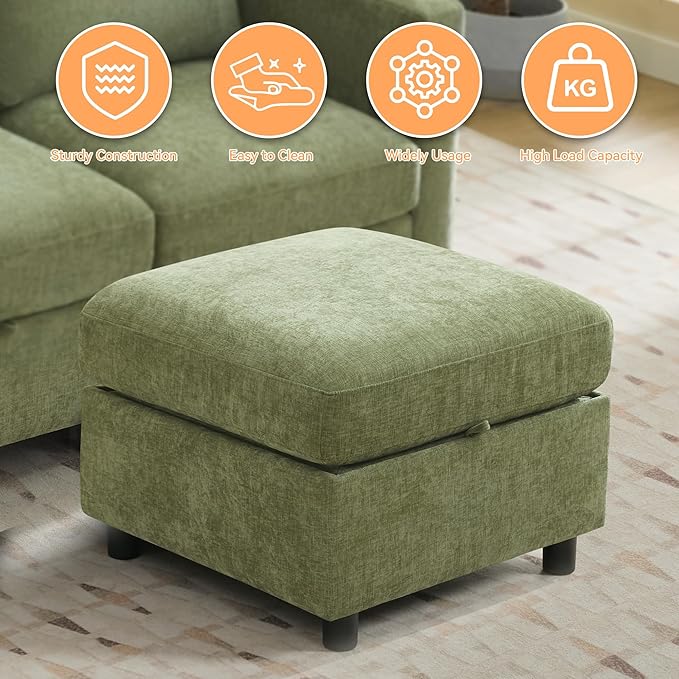 25" Square Storage Ottoman for Modular Sectional Sofa, Convertible Couch Footrest with Hidden Compartment, Chenille Upholstered Coffee Table & Extra Living Room Seating, Green