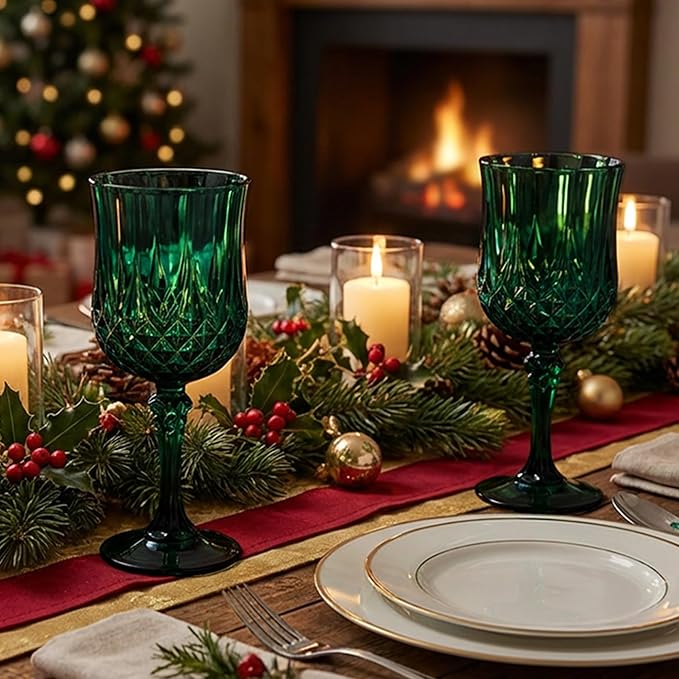 LEYIQU Plastic Wine Glasses, Plastic Goblets Vintage Style Cordial Drinking Glasses for Valentine’s Day, Wedding Reception, Grand Event Party Supplies (48, Green)