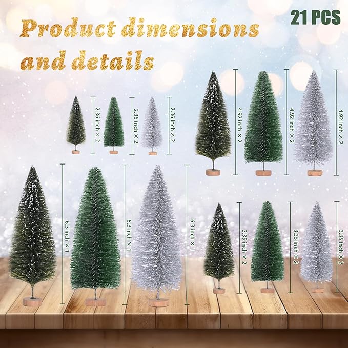 Waipfaru Christmas Decorations, Bottle Brush Christmas Trees, 21 Pcs Mini Christmas Tree Table Decor, Miniature Pine Trees for Xmas Tabletop Crafts Indoor Decor (Green & Sliver)
