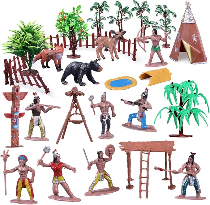 31Pcs Native American Village Playset, Assorted Indigenous People Figures with Tepee, Totem Pole, Fence, Trees, Animals, Tribal Cultural History Educational School Project Toys for Kids