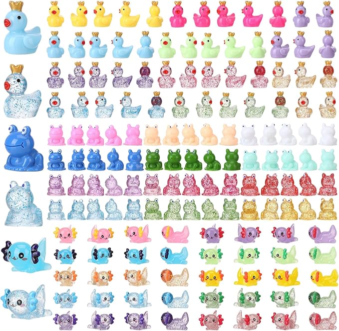 150pcs Mini Resin Animals, Miniature Animal Figurines to Hide, Tiny Resin Crown Ducks, Axolotls, Frogs for Party Favors Bag Fillers Dollhouse Decor(6 Styles)