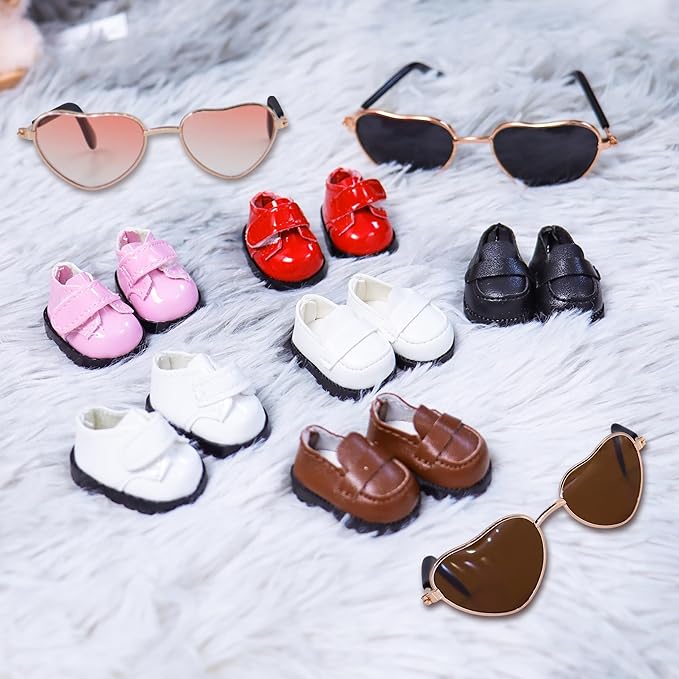 Suitable for 17cm Doll Trendy Small Leather Shoes Paired with Heart Shaped Sunglasses Cute Outfit Two-Piece Set (Brilliant Brown)