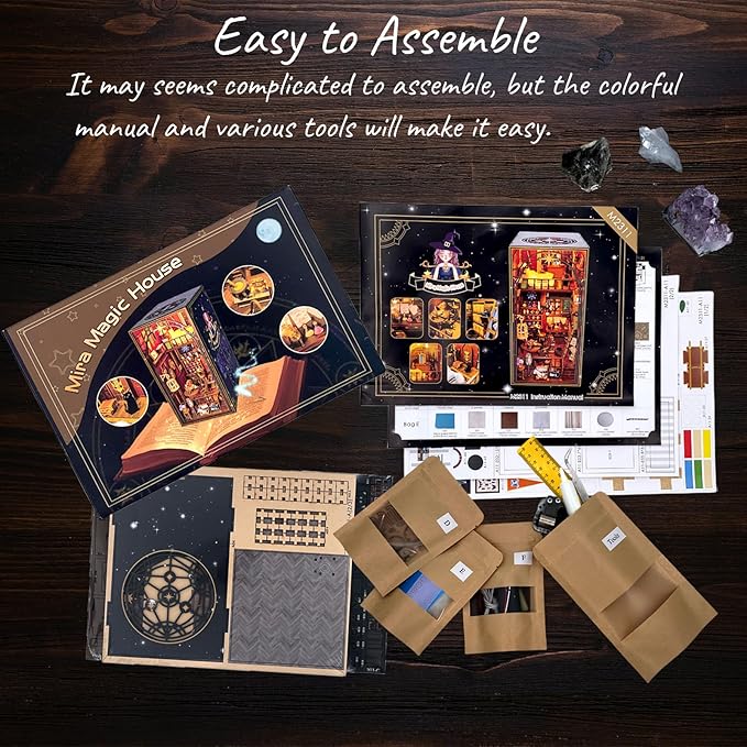 DIY Book Nook Kit with Music Box, 3D Wooden Puzzle Dollhouse with LED, Magic House Bookend for Adults and Teens, Bookshelf Decoration, Creative Gift for Friends and Family. Mira Magic House
