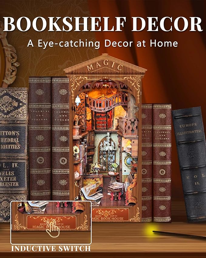 Kisoy Book Nook Kit, 3D Wooden Puzzle Booknook Build Bookshelf Decor, DIY Miniature House Kit for Adults and Teens, Mini House Arts & Craft Gifts for Family and Friends (Magic Book House)