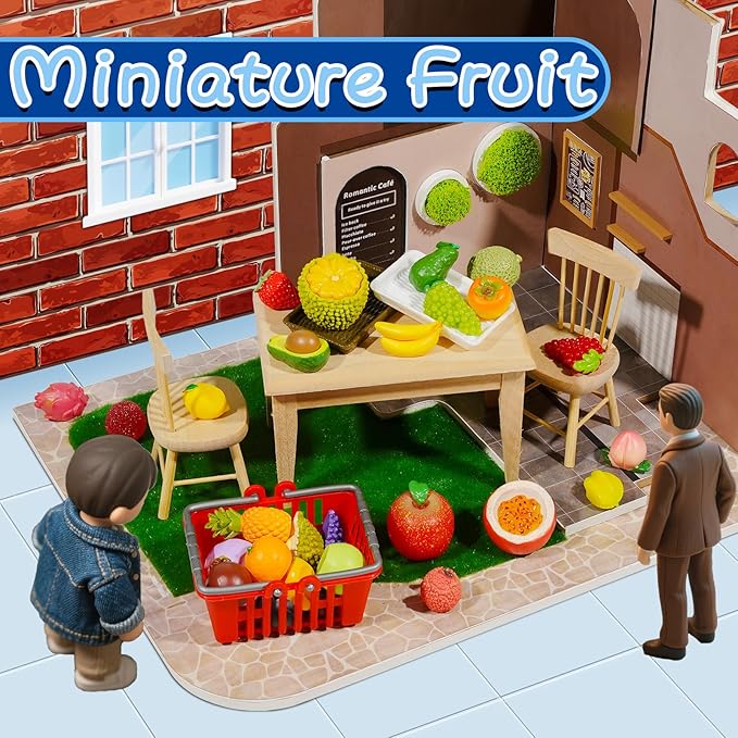 Exasinine 33pcs Miniature Fruits Figures Strawberry Peach Grapes Mini Resin Figures Artificial Fruit for Garden Kitchen Game Party Decor Cake Decoration