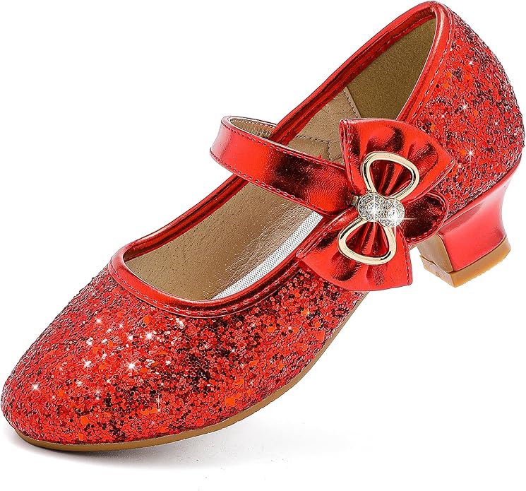 Dufannie Girls Dress Shoes Low Heel Princess Flats Mary Jane Flower Wedding Party Glitter Shoes for Kids Toddler