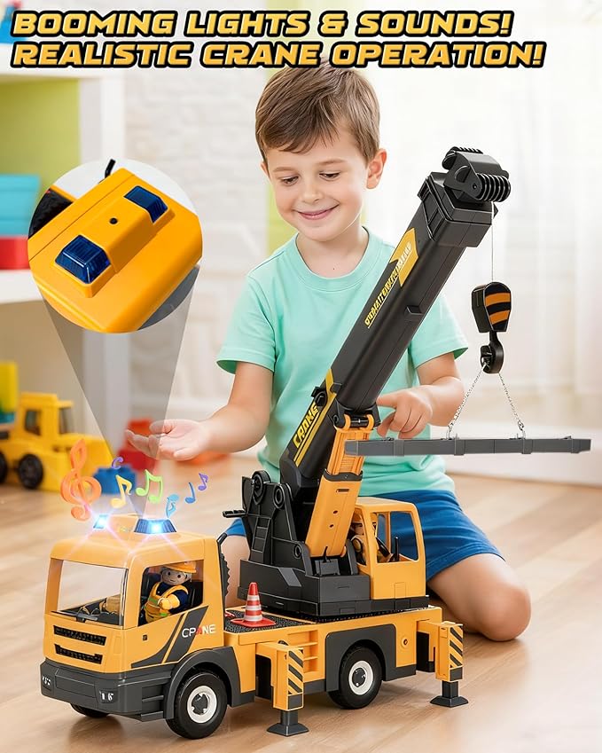 Large Crane Truck Toy with Extendable Crane Arm, Lights & Siren Sounds, Assemble Truck Engineering Vehicle Toy for Boys Girls 3+, Christmas Birthday Gift