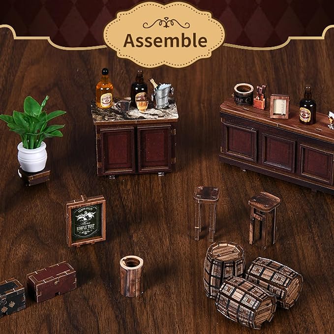 Book Nook Kit for Adults DIY 3D Wooden Miniature House with LED Light, Holiday Theme Dollhouse Craft for Bookshelf Decor Creative Christmas Halloween Birthday Gift for Friends & Family, Corner Tavern