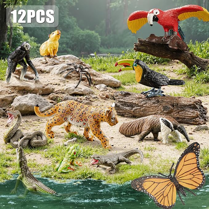 12PCS Realistic Rainforest Animal Figurines Toys, Rainforest Diorama Supplies Party Favor, Jungle Animals Figures Toys Learning Toys for Toddlers Kids Boys Girls, Toddler Playset