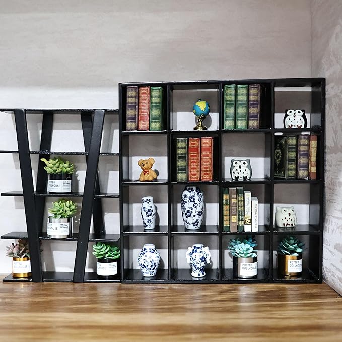 Dollhouse Shelf Furniture Bookshelf 1/12 Scale Miniature Wooden Storage Rack Four Tier Shelves Doll House Accessories and Furniture Display Stand Mini Scene Ornaments Decoration (Black)