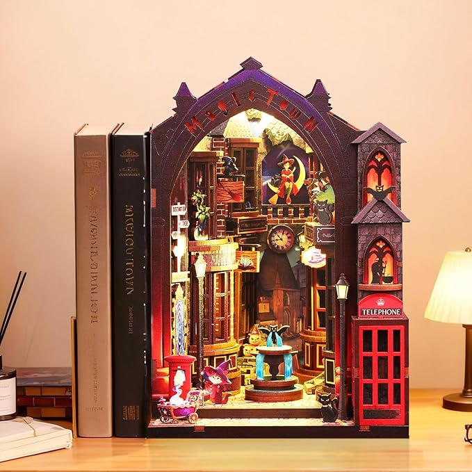 Book Nook Kits for Adults, Magic Alley DIY Book Nook Kit, 3D booknook Craft Kits Bookshelf Insert with Sensor LED Light, Creative Craft Gift for Adults & Teens