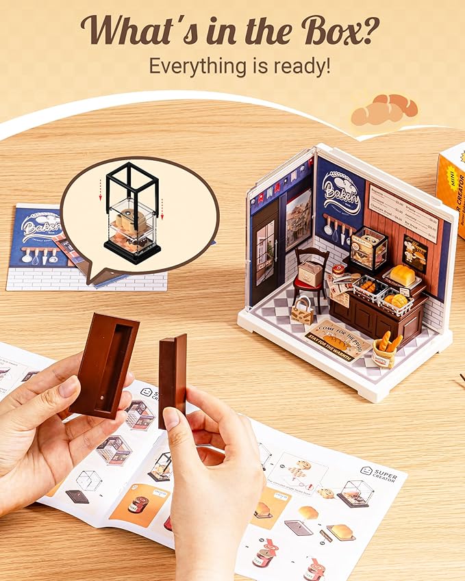 Rolife Super Creator Mini Store Playset DIY Miniature Kit with Dust Cover - House Toy Building Set Display Mini Collectibles Role Play Doll Figurines (Butter Bakery House)