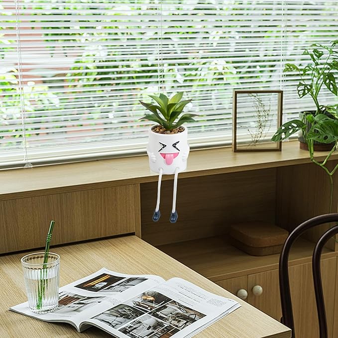 LUZOGA Fake Plant Mini Potted Succulents with Hanging Leg White Cute Pot Creative Artificial Succulent Plants in Funny Pot Faux Succulents for Home Office Shelf Desk Decor and Gift Choice