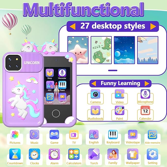 BEBESIRI Kids Camera Mini Smartphone Toy for Girls, 2.8" Touch Screen, 22 Learning Games, Dual Camera, Music Player, 32GB Card, Christmas Birthday Gift, (Purple Unicorn)