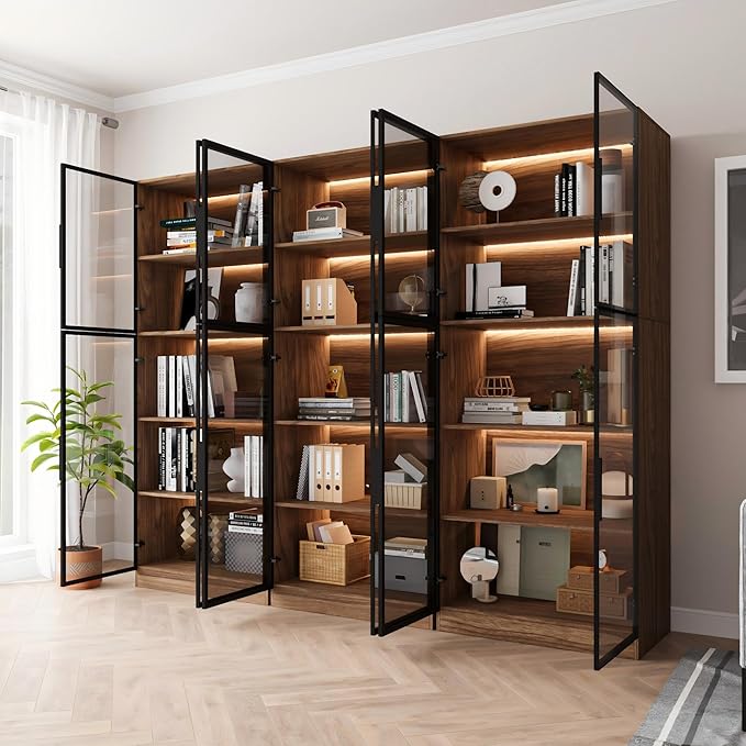 3 Piece Display Cabinet with Glass Doors & Adjustable Lights, 78.7” Tall Display Case with 5 Tier Storage Shelves, Modern Collectibles Cabinet for Living Room, Office, Walnut