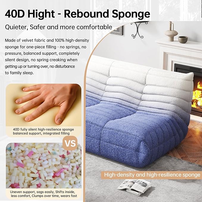 Bean Bag Chairs for Adults, Memory Foam Couch Loveseat Sofa Chair, Soft Teddy Material Cozy Comfy Reading Nook Chairs, Floor Chair for Living Room Bedroom Office(Blue-White)