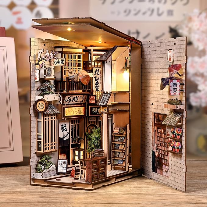 Book Nook Kit - DIY Miniature Dollhouse Kit,Japanese for Adults and Teens, Tiny House Bookshelf Decor 3D Wooden Puzzle, Gifts for Family, Friends
