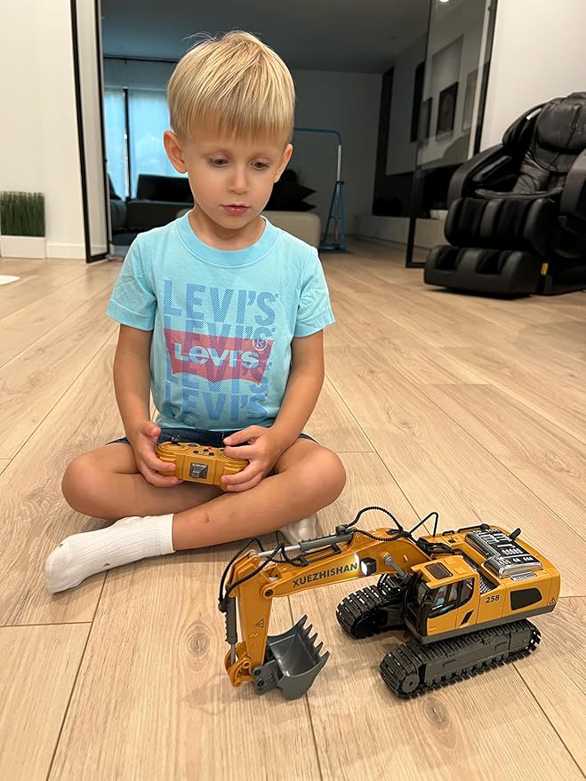 Remote Control Excavator Toy for Boys | 11-Channel Metal Construction Truck with Lights, 2×1200mAh Batteries, 120-Min Playtime | RC Excavator Toys for Kids Ages 3-12, STEM Gift for Birthday