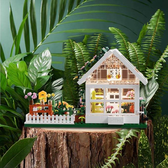 LEGPS YYDS Flower House Building Mini Set with LED, City Street View Greenhouse Building Blocks Toy, Valentine Xmas Gift for Friends or Girls 8-12 Year