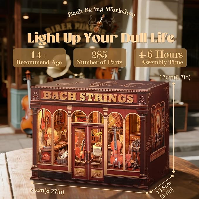 Cutefun Book Nook Kit - DIY Miniature Dollhouse Booknook Kits for Adults Teens, Musical Instrument Shop 3D Wooden Puzzle Bookend Bookshelf with LED Light, Gifts for Family and Friends (Bach Strings)