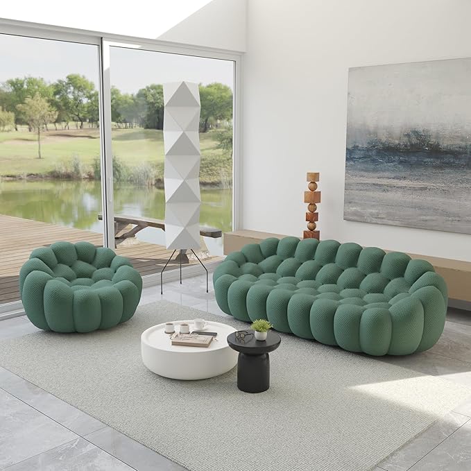 JACH 3 Seater Bubble Sofa and Single Seat Curved Couch, Comfy Upholstered Sofa, Mesh Fabric 3D Honeycomb Shape Modern Couch for Living Room, Office, Apartment, Small Space (Green)