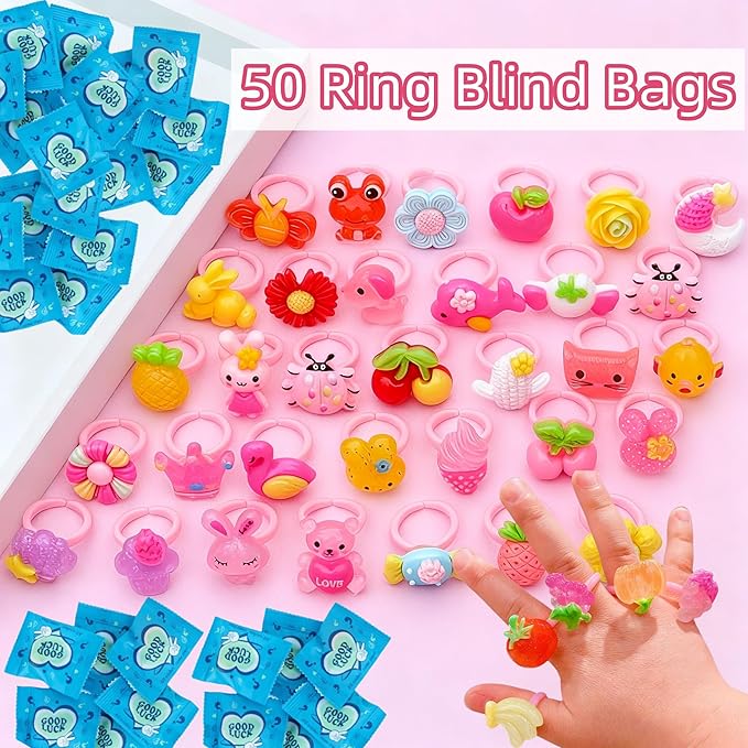 50PCS Kids Rings Blind Bags, Random Assorted Cute Cartoon Animal Fruit Flower Adjustable Plastic Rings for Girls, Surprise Blind Bag Party Favors, Birthday Gifts, Classroom Rewards