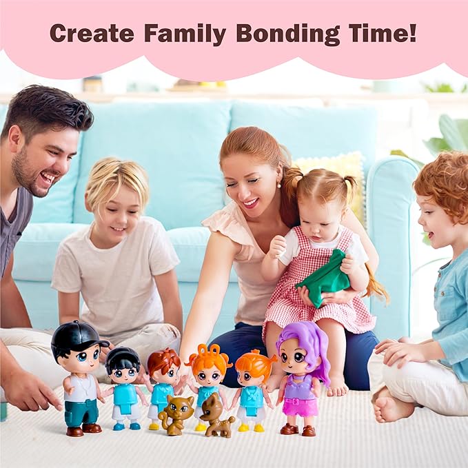 FUNERICA Dollhouse Family Figures & Pets – Bendable Play Dolls for Imaginative Fun & Doll House Play – Little People Family Set with Miniature Accessories – Made of Quality Plastic