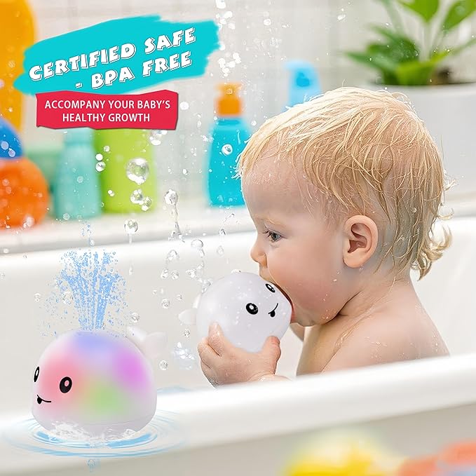 ArtCredit Light Up Bath Toy Sprinkler for Babies, Rechargeable Bathtub Pool Water Toys Baby Gifts for Toddlers, Shower Essentials (White Whale)