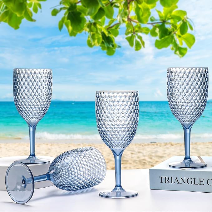 24pcs Blue Plastic Wine Glasses 13.5oz Reusable Acrylic Wedding Goblets Toasting Glassware Unbreakable Wine Cups with Long Stem Crystal Drinking Glasses Champagne Flutes for Bar Restaurants Party