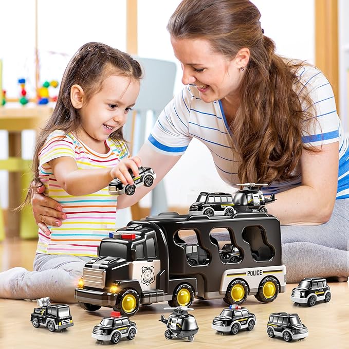 Police Truck Toy for 3 4 5 6 Years Old Boys - Carrier Vehicle Toy Set with 3 Small Cars and 1 Helicopter, Kids Firction Powered Car for Age 3-9, Gifts for Boys and Girls