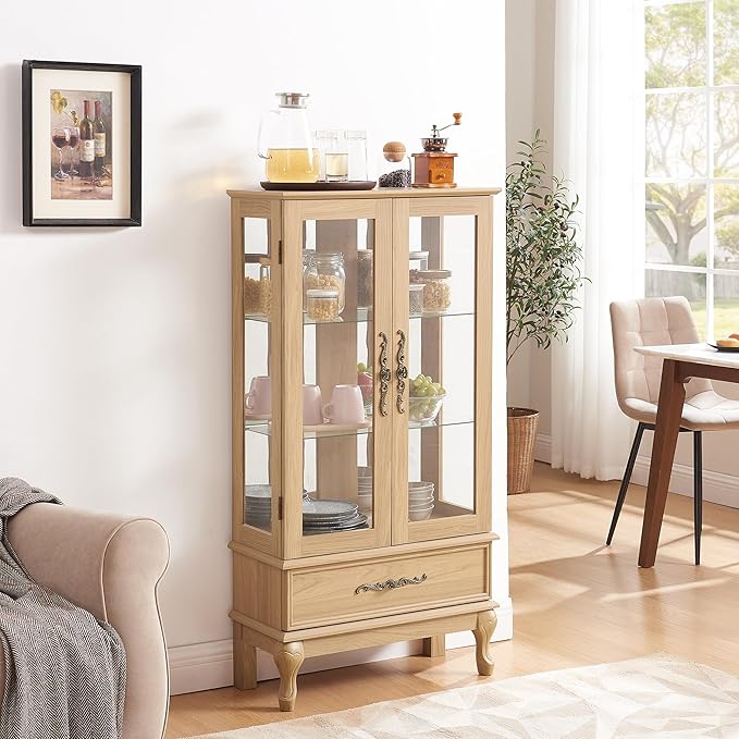51" H Lighted Curio Display Cabinet with 2 Doors & 1 Drawer, Wooden Glass Curio Showcase w/Adjustable Shelves & Mirrored Back Panel, Storage Cabinet Display Case for Living Room (Light Oak)