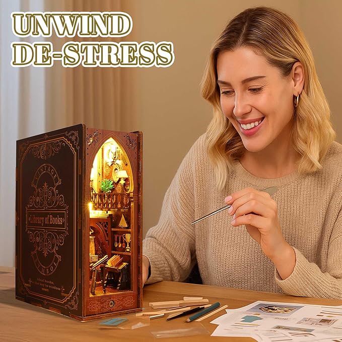 Kisoy Book Nook Kit, 3D Wooden Puzzle Booknook Build Bookshelf Decor, DIY Miniature House Kit for Adults and Teens, Mini House Arts&Craft Gifts for Family and Friends(Library of Book)