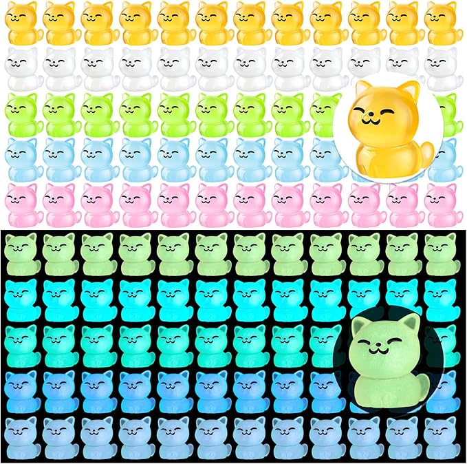 60Pcs Luminous Mini Resin Glow in The Dark Tiny Cat Ornament for Garden Landscape Aquarium Dollhouse Birthday Party Room Crafts Decor