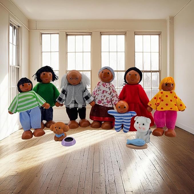 12 Pieces Wooden Dollhouse Family Set with Dog Cat Mini People Figures Dollhouse Dolls Wooden Doll Family Pretend Play Figures Accessories for Pretend Dollhouse (Style 3)