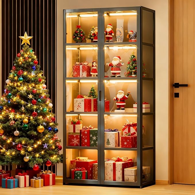 5-Tier Curio Display Cabinet with Acrylic Doors - 64” Transparent Display Case for Figures, Display Shelves for Collectibles & Storage Cabinets for Home, Office, Playroom, Living Room, Grey