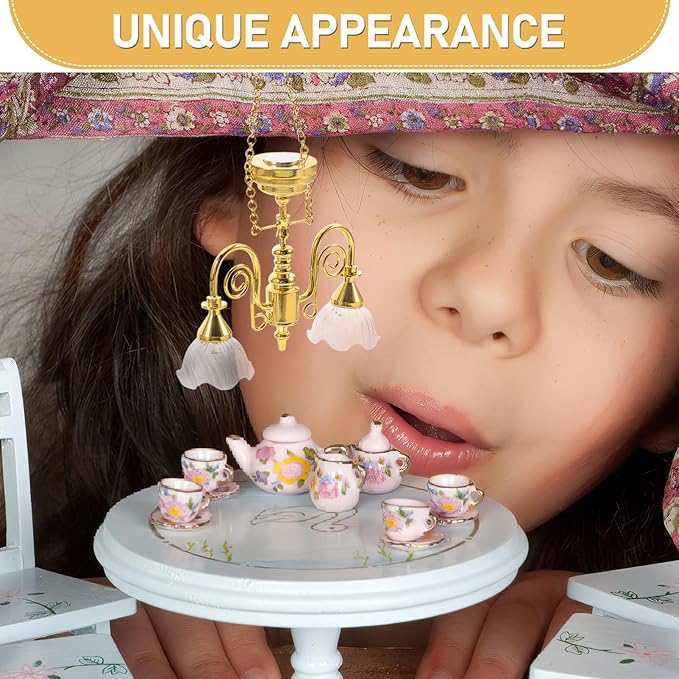 TOYANDONA Miniature Dollhouse Chandelier – Gold Double-Head Floral Ceiling Light with Light Display, Vintage Hanging Lamp Mini Furniture Accessories for Dollhouse Decor