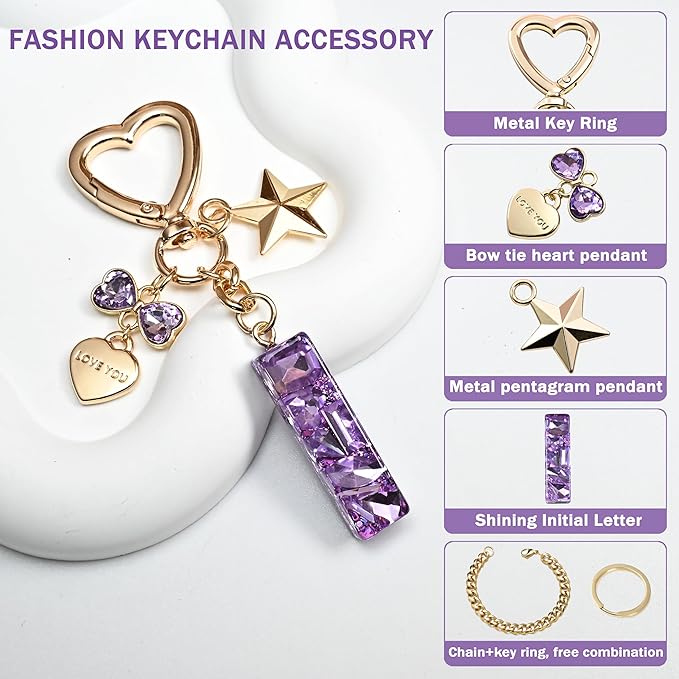 Cute Bling Keychain initial Letter Butterfly Star Pink Purple Gift for Women Girls Bag Cup Charms Accessories