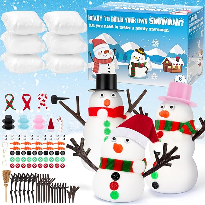 QIYVLOS Build A Snowman Kit, 6 Pack Christmas Snowman Crafts for Kids, Modeling Clay Creative Gift Build a Snowman Kit Snow Toy 105Pcs Party Activity Supplies