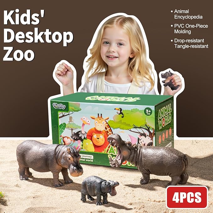 4PCS Hippo Safari Zoo Animals Figurines Toys, Plastic Animals Figures Toy for Kids Includes Solid Hippopotamus and Cubs, Birthday Gift Party Favors Cake Toppers for Boys Girls