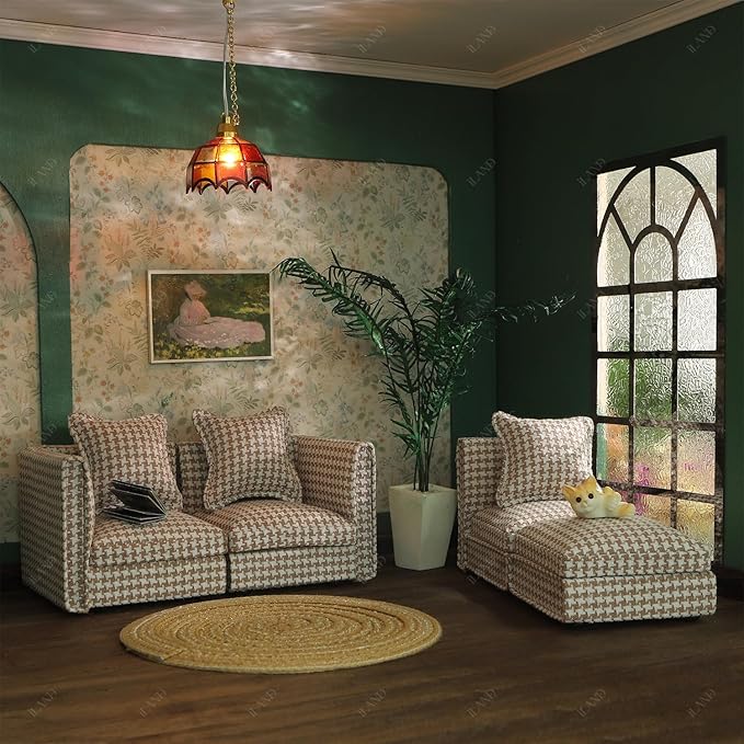 iLAND Dollhouse Furniture Miniature Sectional Couch Set for Doll House Décor Fit 1/12 Scale Accessories, Modern Brown Houndstooth Sofa Timeless & Classic