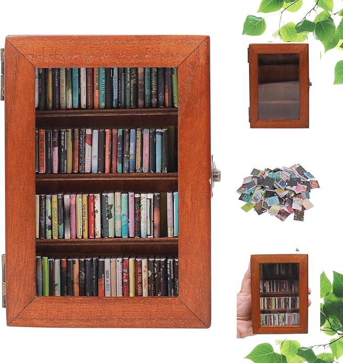 Anxiety Bookshelf With 100pcs Miniature Books | Shake Away Your Anxiety Mini Wood Rustic Book Library | Decorative Gift for Book Lovers (Brown)